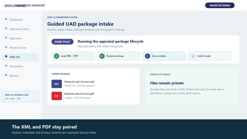 Frame from the illustrated DocuHome UAD package walkthrough using fictional XML and PDF files.