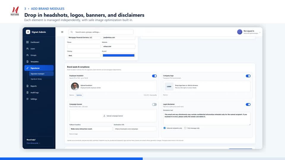 Frame from the Signature Manager demonstration showing headshot, logo, banner, and disclaimer controls.